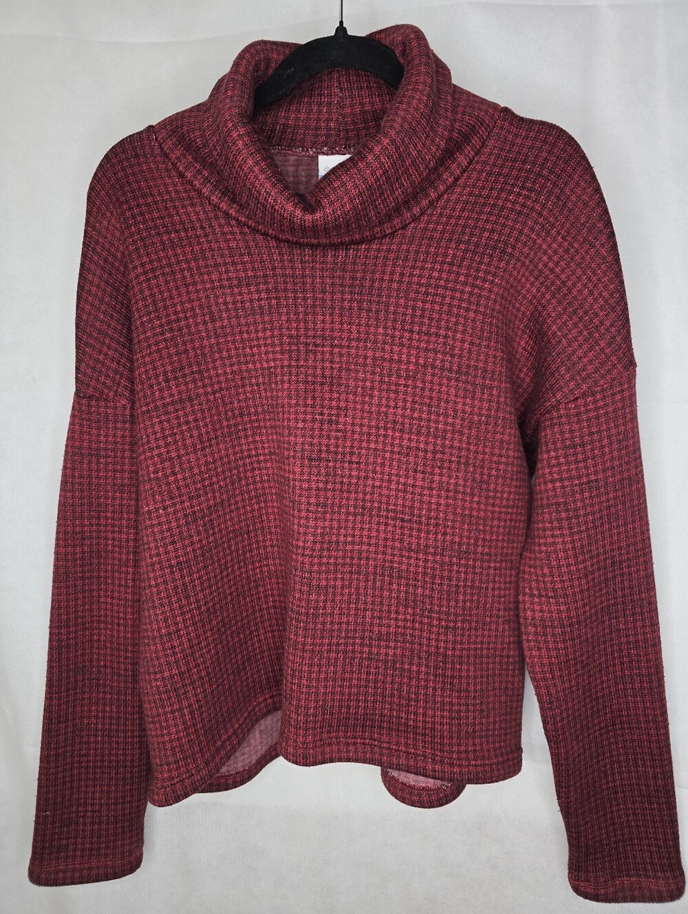 Columbia Fleece Sweater Red Black Check Cowl Neck Long Sleeve Pullover Outdoor M